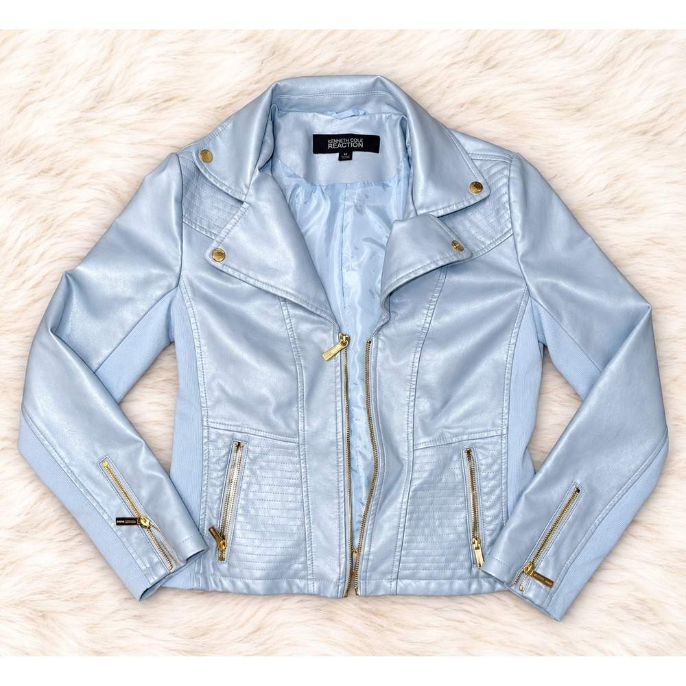 Kenneth Cole Reaction Light Blue Faux Leather Moto Jacket Gold Hardware Medium